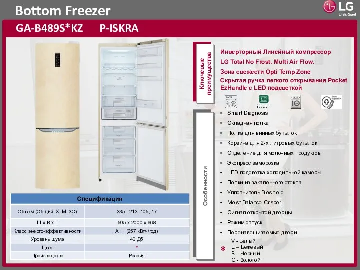 Bottom Freezer GA-B489S*KZ P-ISKRA Ключевые преимущества Особенности