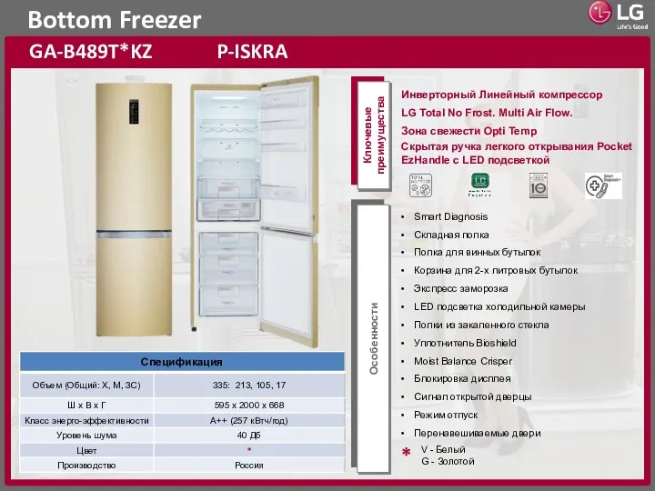 Bottom Freezer GA-B489T*KZ P-ISKRA Ключевые преимущества Особенности