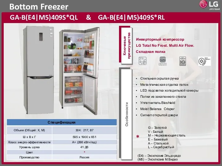 Bottom Freezer GA-B(E4|M5)409S*QL & GA-B(E4|M5)409S*RL Ключевые преимущества Особенности (E4) – Эксклюзив Эльдорадо (M5) – Эксклюзив М.Видео