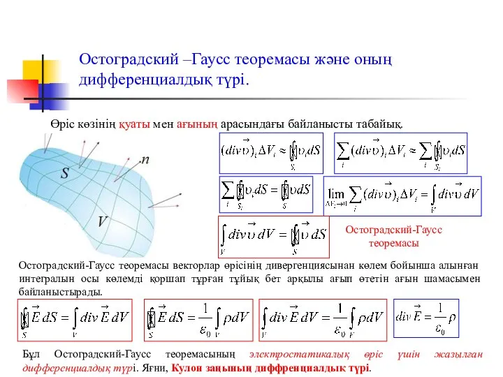 Остоградский –Гаусс теоремасы және оның дифференциалдық түрі. Өріс көзінің қуаты мен
