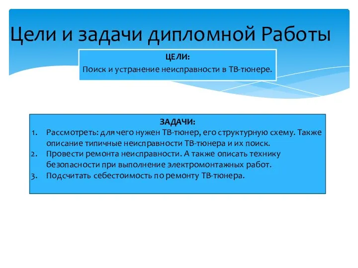 ЦЕЛИ: Поиск и устранение неисправности в ТВ-тюнере. Цели и задачи дипломной