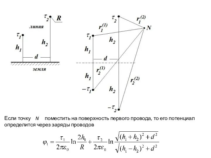 Если точку N поместить на поверхность первого провода, то его потенциал определится через заряды проводов