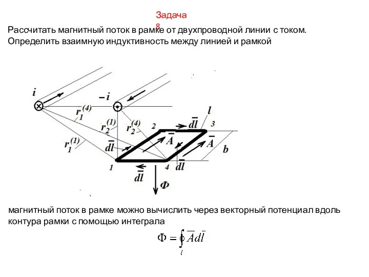 Задача 8 Рассчитать магнитный поток в рамке от двухпроводной линии с
