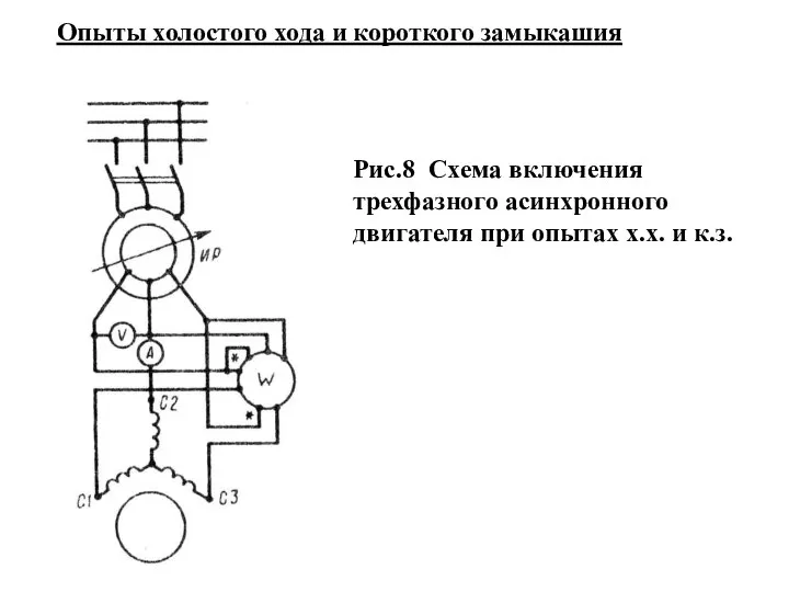 Рис.8 Схема включения трехфазного асинхронного двигателя при опытах х.х. и к.з.