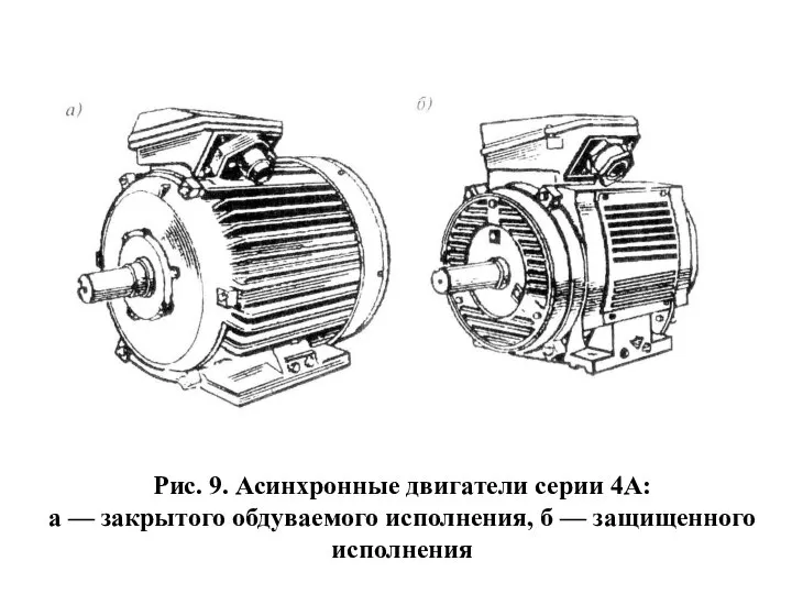 Рис. 9. Асинхронные двигатели серии 4А: а — закрытого обдуваемого исполнения, б — защищенного исполнения