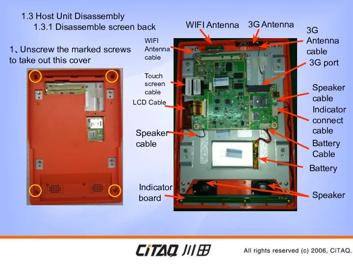 1.3 Host Unit Disassembly 1.3.1 Disassemble screen back 1、Unscrew the marked