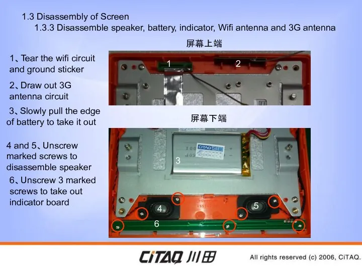 1.3 Disassembly of Screen 1.3.3 Disassemble speaker, battery, indicator, Wifi antenna