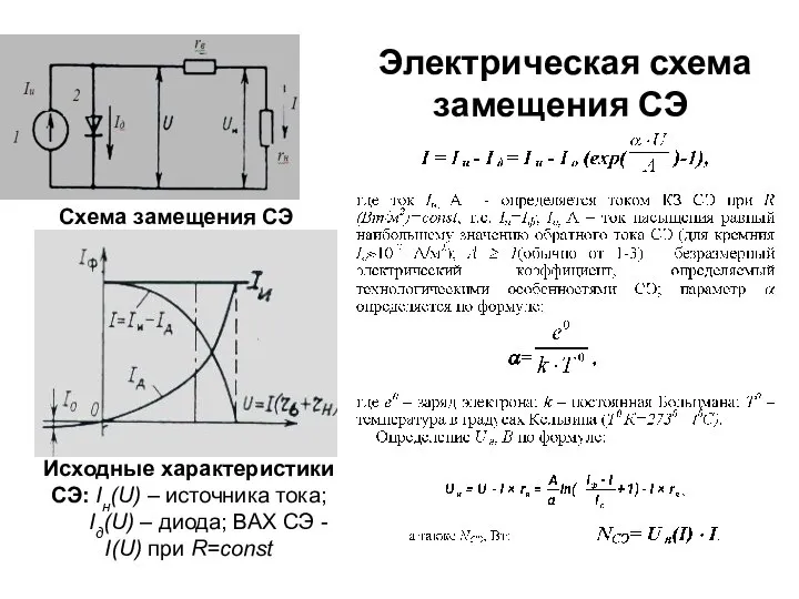 Электрическая схема замещения СЭ Исходные характеристики СЭ: Iн(U) – источника тока;