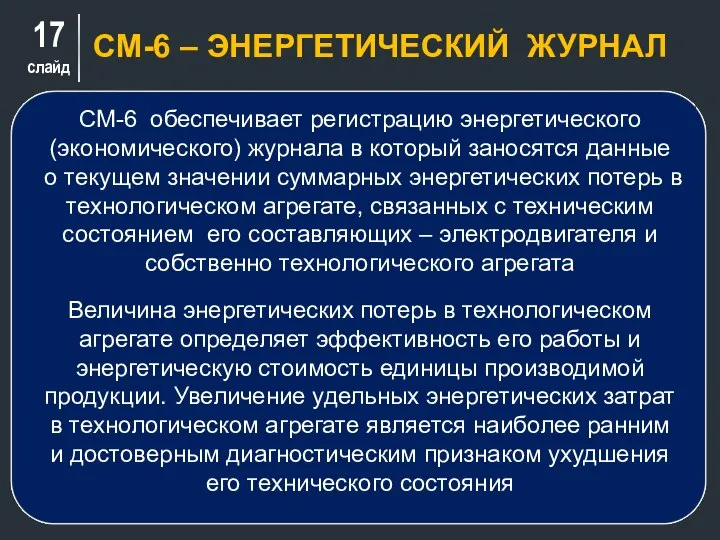 слайд СМ-6 – ЭНЕРГЕТИЧЕСКИЙ ЖУРНАЛ СМ-6 обеспечивает регистрацию энергетического (экономического) журнала