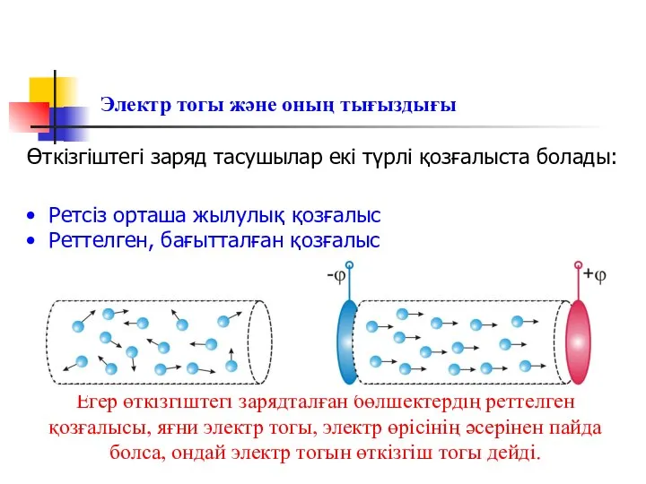 Электр тогы және оның тығыздығы Егер өткізгіштегі зарядталған бөлшектердің реттелген қозғалысы,