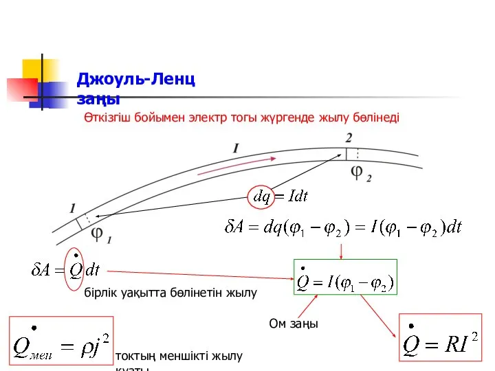 Джоуль-Ленц заңы Өткізгіш бойымен электр тогы жүргенде жылу бөлінеді бірлік уақытта