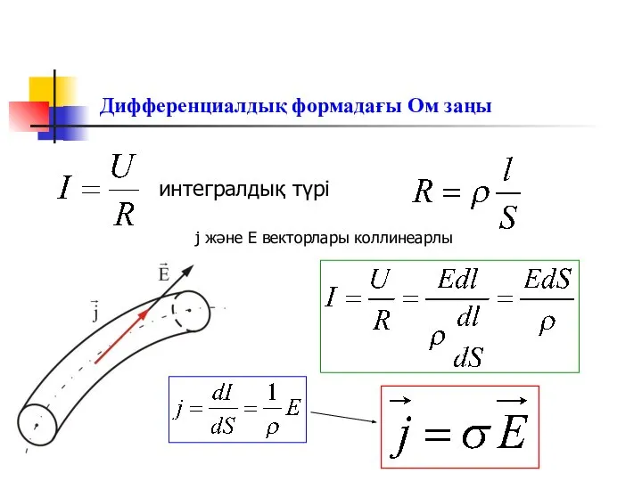 Дифференциалдық формадағы Ом заңы интегралдық түрі j және E векторлары коллинеарлы