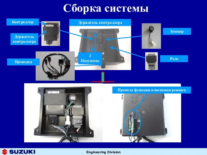 Сборка системы Зуммер Контроллер Реле Держатель контроллера Проводка Провода функции изменения режима 2 Подушкиs Держатель контроллера