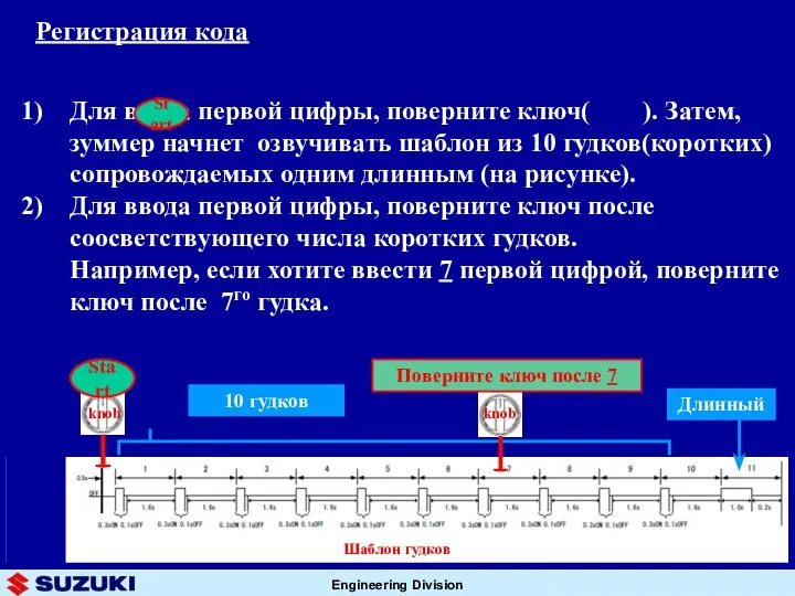 Для ввода первой цифры, поверните ключ( ). Затем, зуммер начнет озвучивать