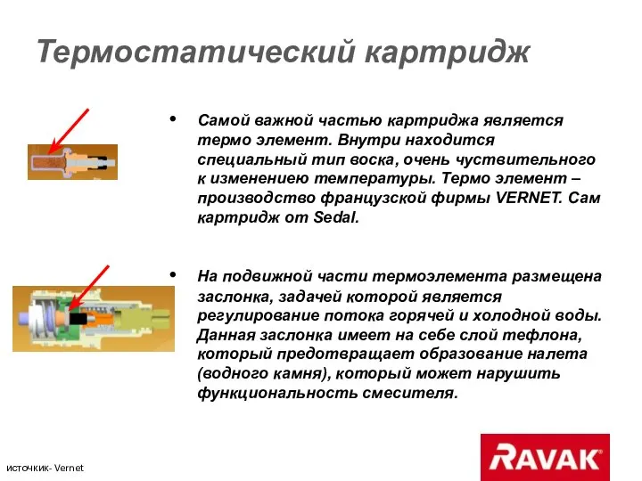 Термостатический картридж Самой важной частью картриджа является термо элемент. Внутри находится