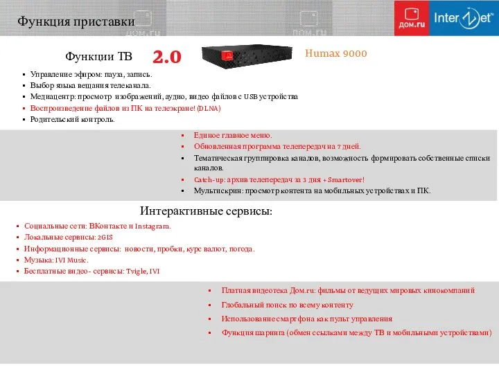 Функция приставки Управление эфиром: пауза, запись. Выбор языка вещания телеканала. Медиацентр: