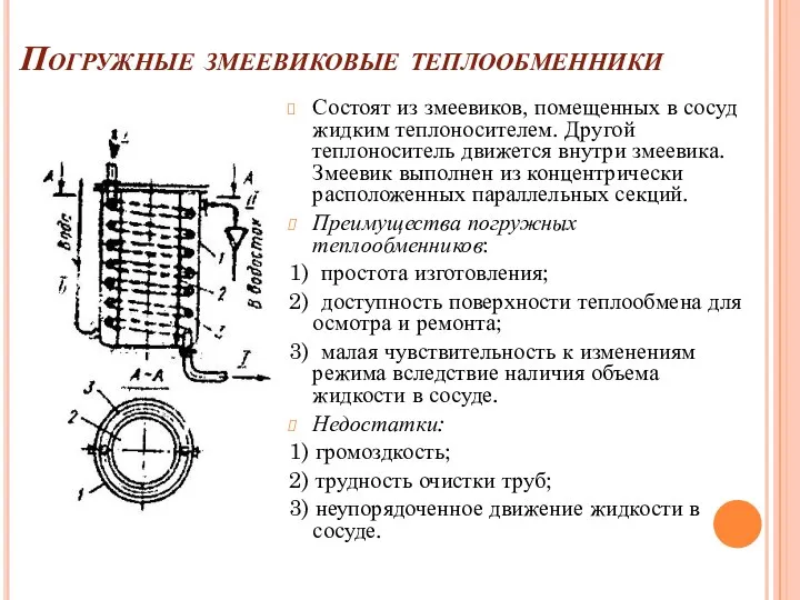 Погружные змеевиковые теплообменники Состоят из змеевиков, помещенных в сосуд жидким теплоносителем.