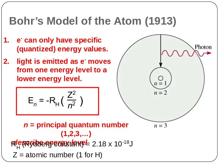 e- can only have specific (quantized) energy values. light is emitted