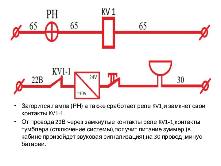 Загорится лампа (РН) а также сработает реле KV1,и замкнет свои контакты