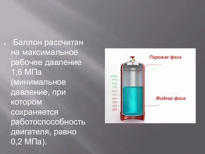 Баллон рассчитан на максимальное рабочее давление 1,6 МПа (минимальное давление, при