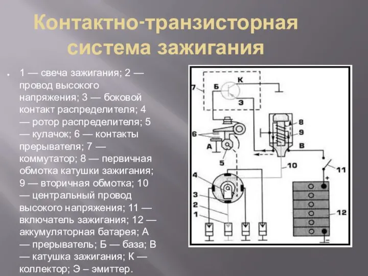 Контактно-транзисторная система зажигания 1 — свеча зажигания; 2 — провод высокого