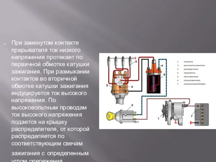 При замкнутом контакте прерывателя ток низкого напряжения протекает по первичной обмотке