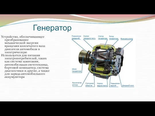 Генератор Устройство, обеспечивающее преобразование механической энергии вращения коленчатого вала двигателя автомобиля