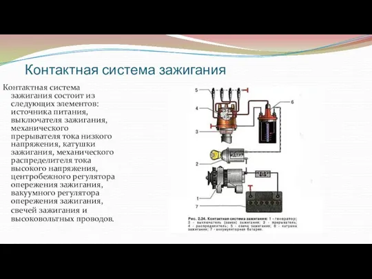 Контактная система зажигания Контактная система зажигания состоит из следующих элементов: источника