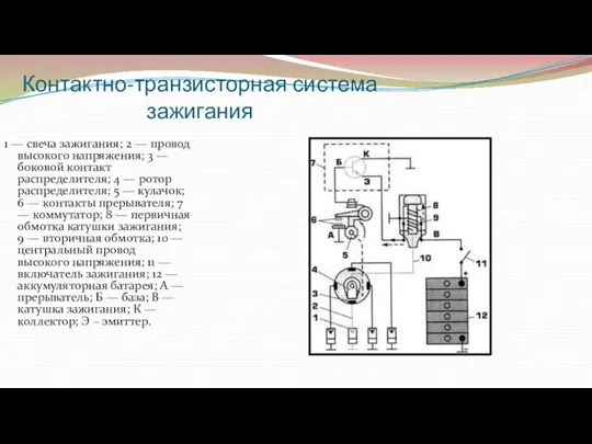 Контактно-транзисторная система зажигания 1 — свеча зажигания; 2 — провод высокого