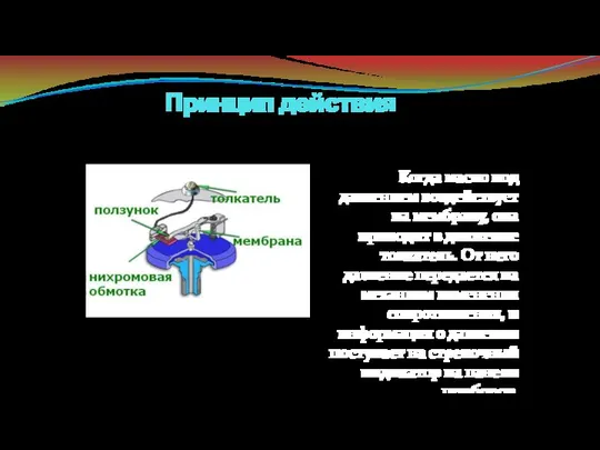 Принцип действия Когда масло под давлением воздействует на мембрану, она приводит