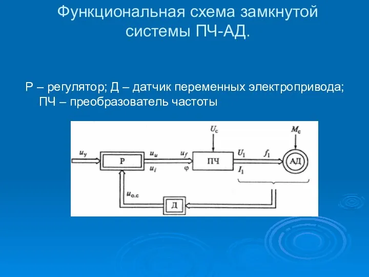 Функциональная схема замкнутой системы ПЧ-АД. Р – регулятор; Д – датчик