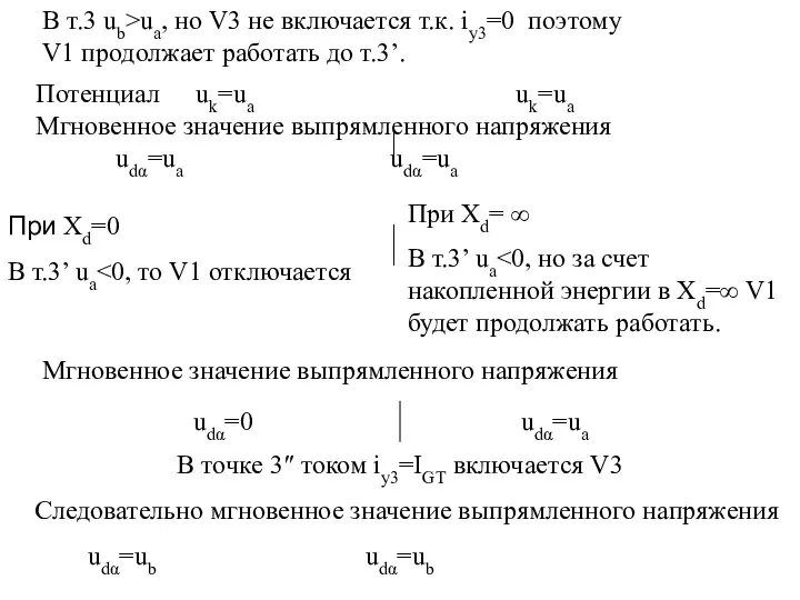 Потенциал uk=uа uk=uа Мгновенное значение выпрямленного напряжения udα=uа udα=uа В т.3