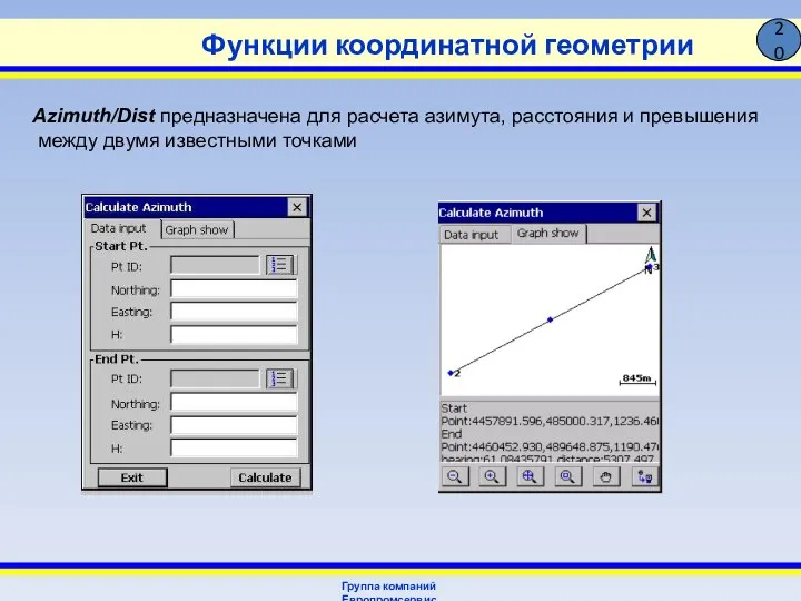 Функции координатной геометрии Группа компаний Европромсервис 20 Azimuth/Dist предназначена для расчета