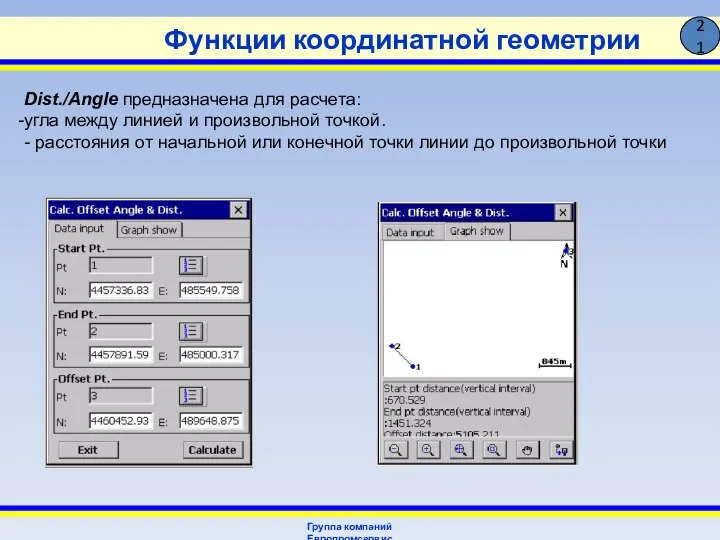 Функции координатной геометрии Группа компаний Европромсервис 21 Dist./Angle предназначена для расчета: