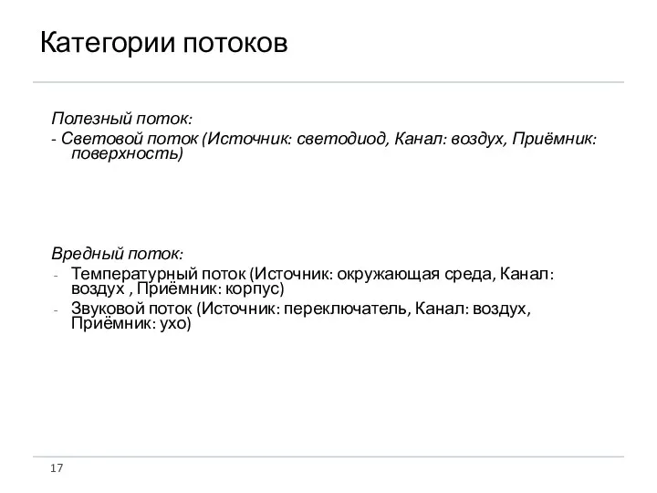 Категории потоков Полезный поток: - Световой поток (Источник: светодиод, Канал: воздух,