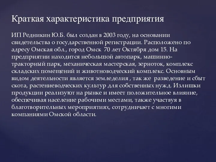 Краткая характеристика предприятия ИП Редникин Ю.Б. был создан в 2003 году,