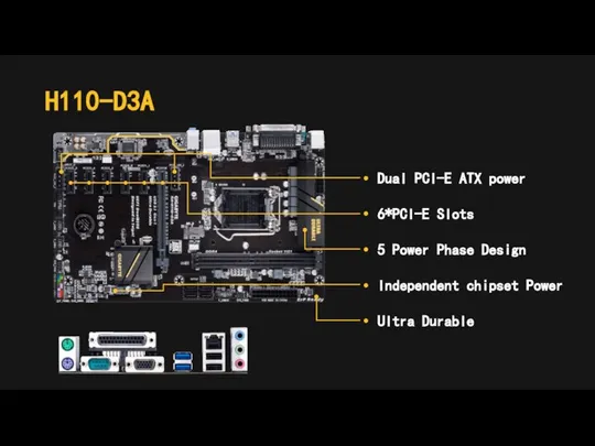 H110-D3A Dual PCI-E ATX power 6*PCI-E Slots 5 Power Phase Design Independent chipset Power Ultra Durable