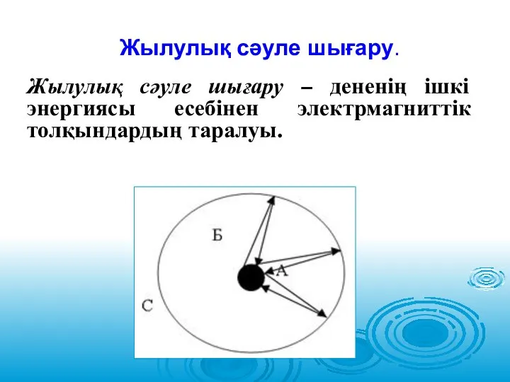 Жылулық сәуле шығару. Жылулық сәуле шығару − дененің ішкі энергиясы есебінен электрмагниттік толқындардың таралуы.