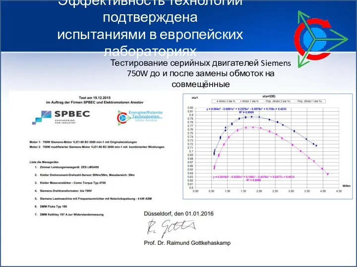 Эффективность технологии подтверждена испытаниями в европейских лабораториях Тестирование серийных двигателей Siemens