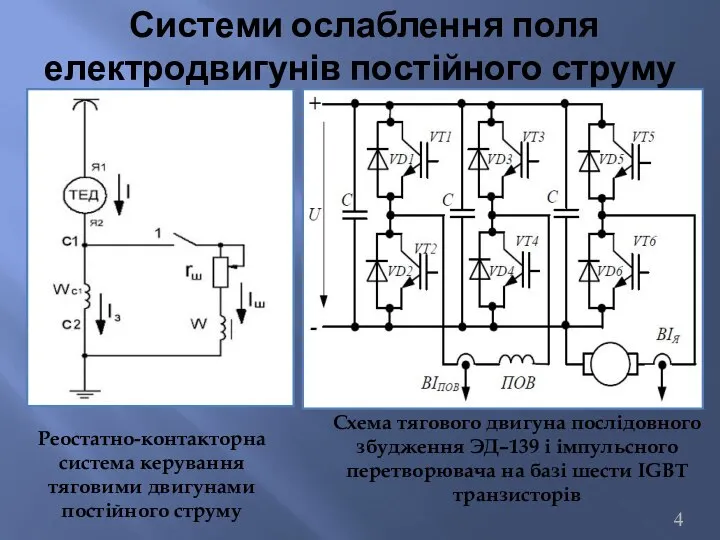 Системи ослаблення поля електродвигунів постійного струму Реостатно-контакторна система керування тяговими двигунами