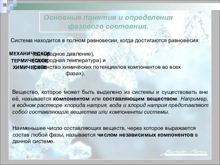 Основные понятия и определения фазового состояния. Система находится в полном равновесии,