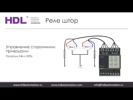 Реле штор www.hdlautomation.ru Управление сторонними приводами Приводы 24в и 220в info@hdlautomation.ru