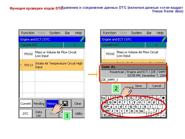 1 2 Функция проверки кодов DTC Хранение и сохранение данных DTC