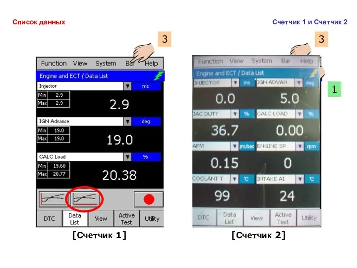 [Счетчик 1] [Счетчик 2] 1 2 Список данных Счетчик 1 и Счетчик 2 3 3