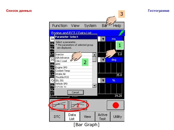 [Bar Graph] 1 2 Список данных Гистограмма 3 1 2