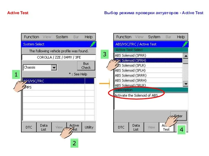 1 3 2 4 Active Test Выбор режима проверки актуаторов - Active Test