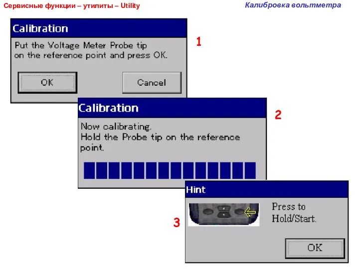 Сервисные функции – утилиты – Utility Калибровка вольтметра 1 3 2
