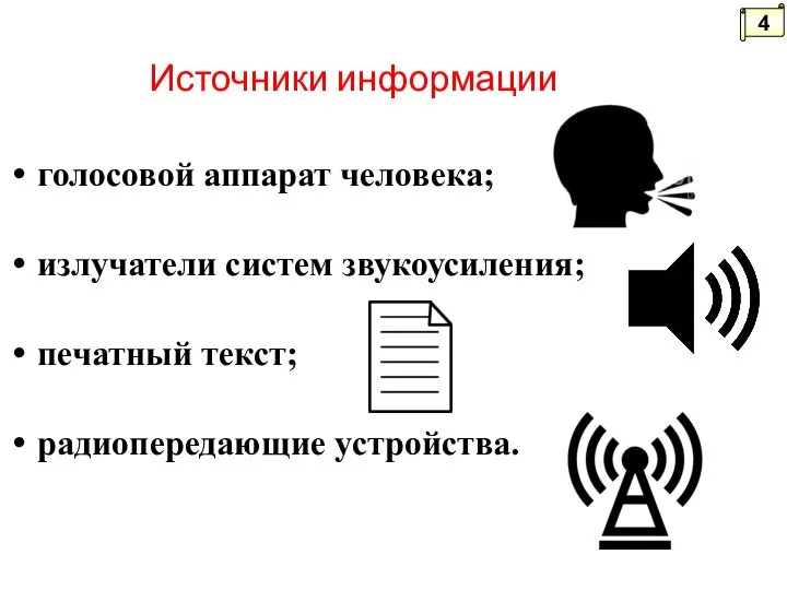 Источники информации голосовой аппарат человека; излучатели систем звукоусиления; печатный текст; радиопередающие устройства. 4