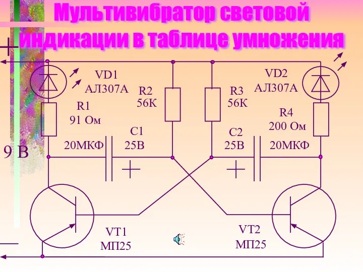 Мультивибратор световой индикации в таблице умножения 9 В VD2 АЛ307А VD1 АЛ307А