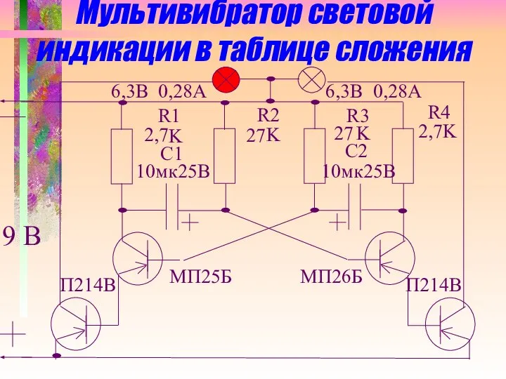 Мультивибратор световой индикации в таблице сложения 9 В R1 R2 R3